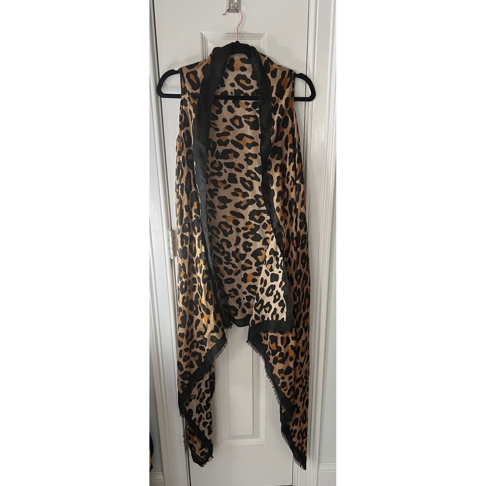 Leopard Print Reversible Vest Large Open Front Draped Fringe Trim Asymmetrical